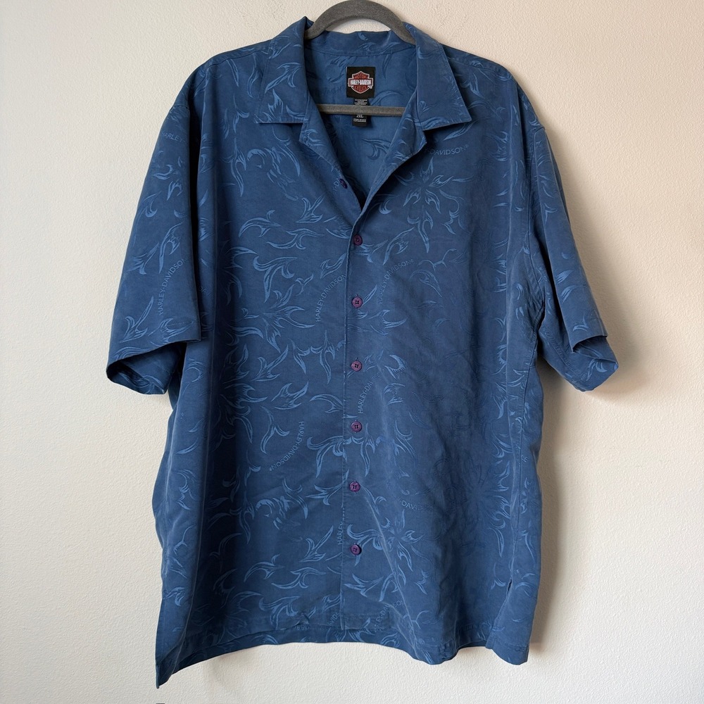 Harley Davidson Mens 2XL Blue Jacquard Flame Logo Camp Shirt Short Sleeve Button